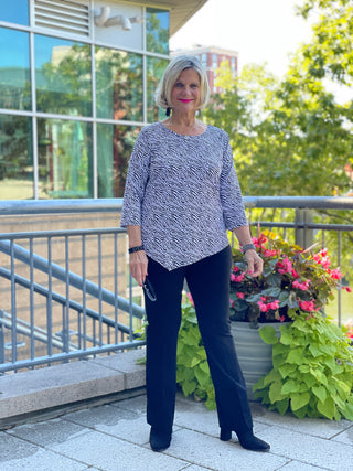 BLACK AND WHITE ZEBRA ASYMMETRIC TOP