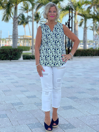 GREEN AND NAVY SLEEVELESS PALM TOP - Cathys Place
