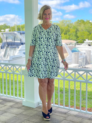 GREEN NAVY PALM ELBOW SLEEVE DRESS