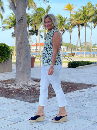 GREEN NAVY PALM SLEEVELESS RUFFLE TOP - Cathys Place