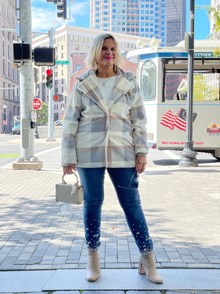 BLUE/CREAM PLAID FAUX FUR JACKET OR COAT