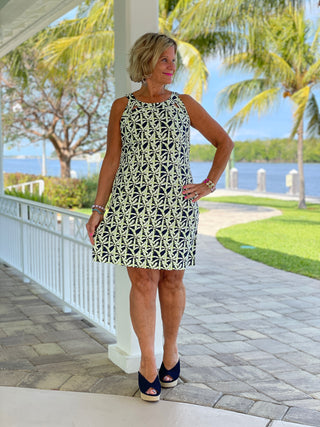 GREEN AND NAVY PALM HALTER DRESS