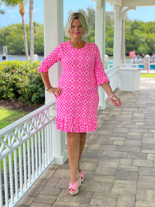 PINK DIAMOND SLEEVE RUFFLE DRESS