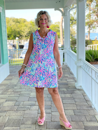 PINK PALM TREE BEACH RUFFLE DRESS