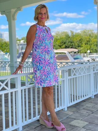 PINK PALM TREE BEACH KEYHOLE DRESS