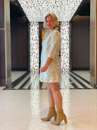 LULU-B WHITE LEME GOLD RUFFLE DRESS