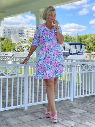 PINK PALM TREE ELBOW SLEEVE DRESS